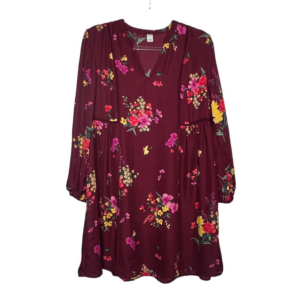 OLD NAVY Floral-Print Georgette Swing Dress Long Sleeve V-Neck Red Multi Size S
